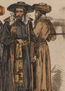 Fragment rysunku ukazującego dawne ubiory polskie z XVII w., przedstawiający dwóch Żydów. Mężczyzna z lewej strony ma na sobie szubę – płaszcz podbity futrem i ciemny chałat przewiązany ozdobnym pasem. Na głowie ma kapelusz z okrągłym, szerokim rondem. W lewej ręce trzyma dużą księgę. Mężczyzna z prawej strony jest odwrócony plecami. Jego wierzchnia szata przewiązana jest pasem. Na głowie ma sztrajmł – futrzaną czapkę. Obaj mają długie brody i pejsy, a na szyjach kryzy.